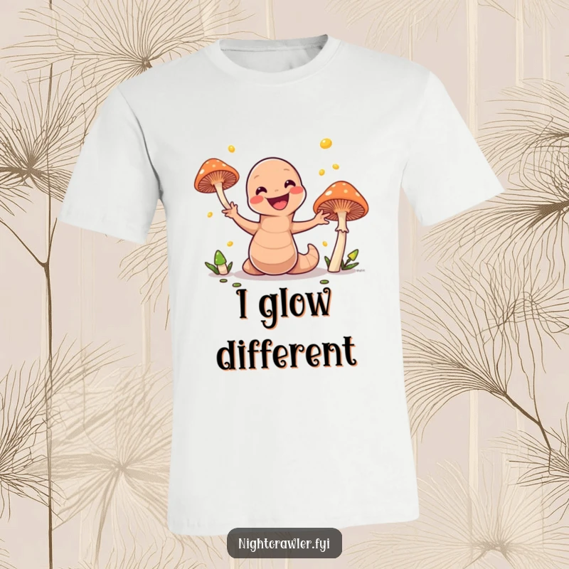 Funny t-shirt showcasing a jubilant earthworm skillfully juggling luminous mushrooms, radiating fun and festive energy for all to see.