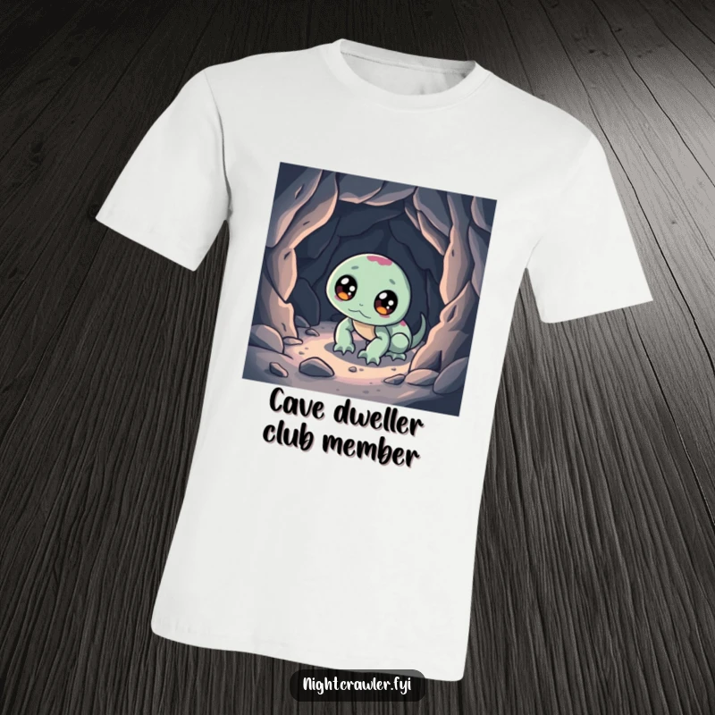 Funny T-shirt featuring a night crawler with bright eyes exploring a miniature cave, showcasing a sense of wonder and excitement.