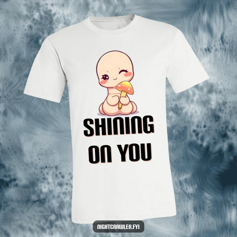 Funny T-shirt with a cute worm character winking while holding a tiny, illuminated mushroom, representing playful magic and charm.