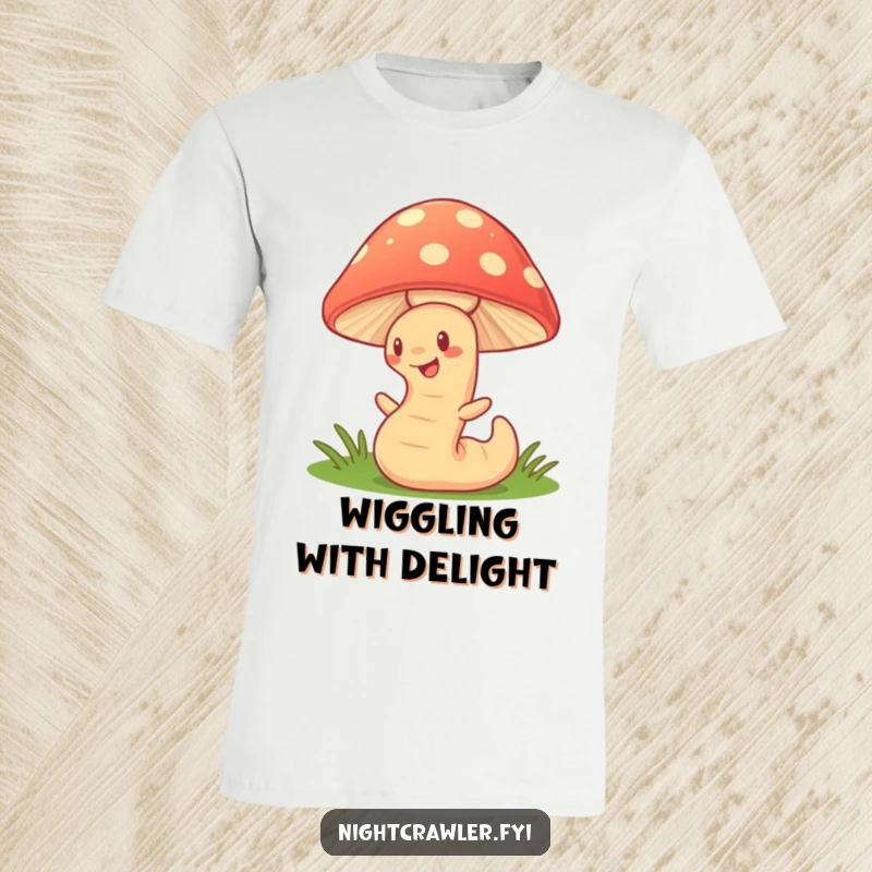 Funny T-Shirt: Cute earthworm character wiggling with enthusiasm beneath a brightly glowing mushroom, radiating subterranean joy.