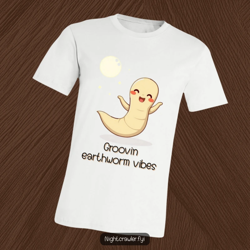 Funny t-shirt illustrating a happy earthworm performing an energetic wiggly dance illuminated by the soft glow of the moon, radiating happiness.