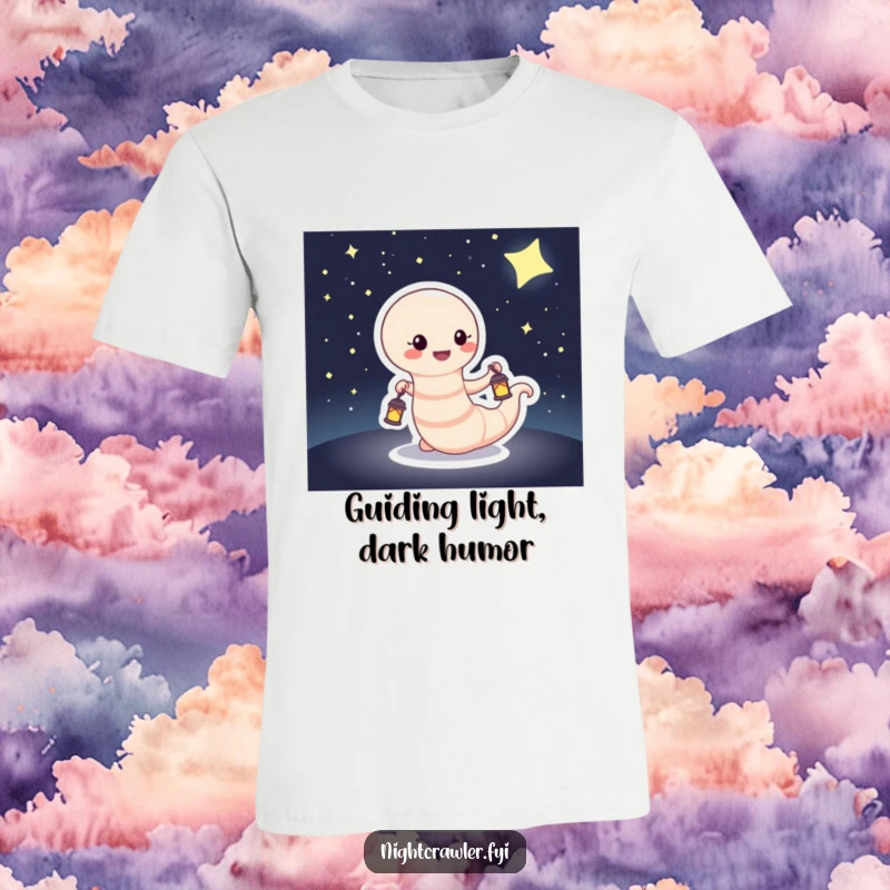 Funny T-Shirt of a happy worm carrying a small lantern through a dark, star-filled landscape, symbolizing guidance and hope.