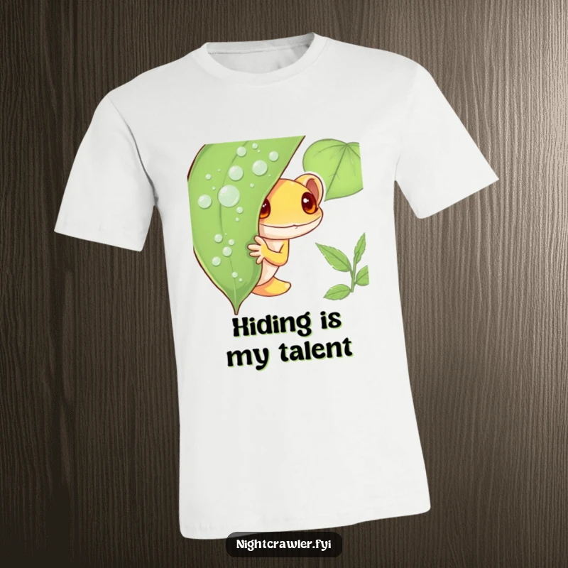 Funny Gecko T-Shirt showcasing a shy gecko character peeking from behind a dewy leaf, a humorous and adorable design for nature lovers and introverts.