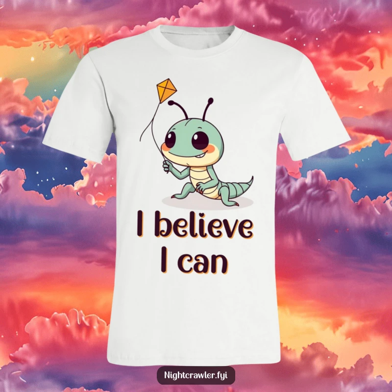 Funny t-shirt featuring a goofy night crawler character with a huge grin, struggling playfully to fly a tiny kite against the wind.