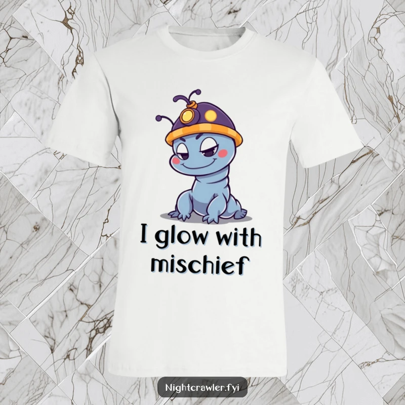 Funny night crawler t-shirt featuring a mischievous character with a small glowing hat, perfect for casual wear.