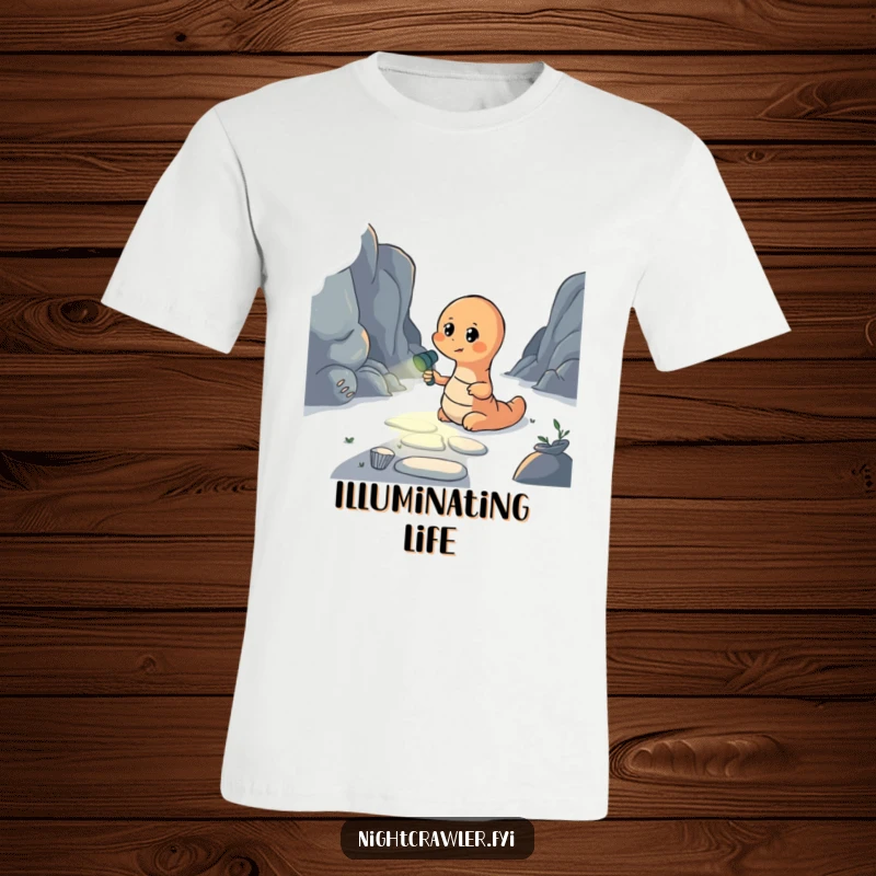Funny t-shirt depicting an earthworm with a flashlight illuminating a dark path, representing guidance and a positive outlook.