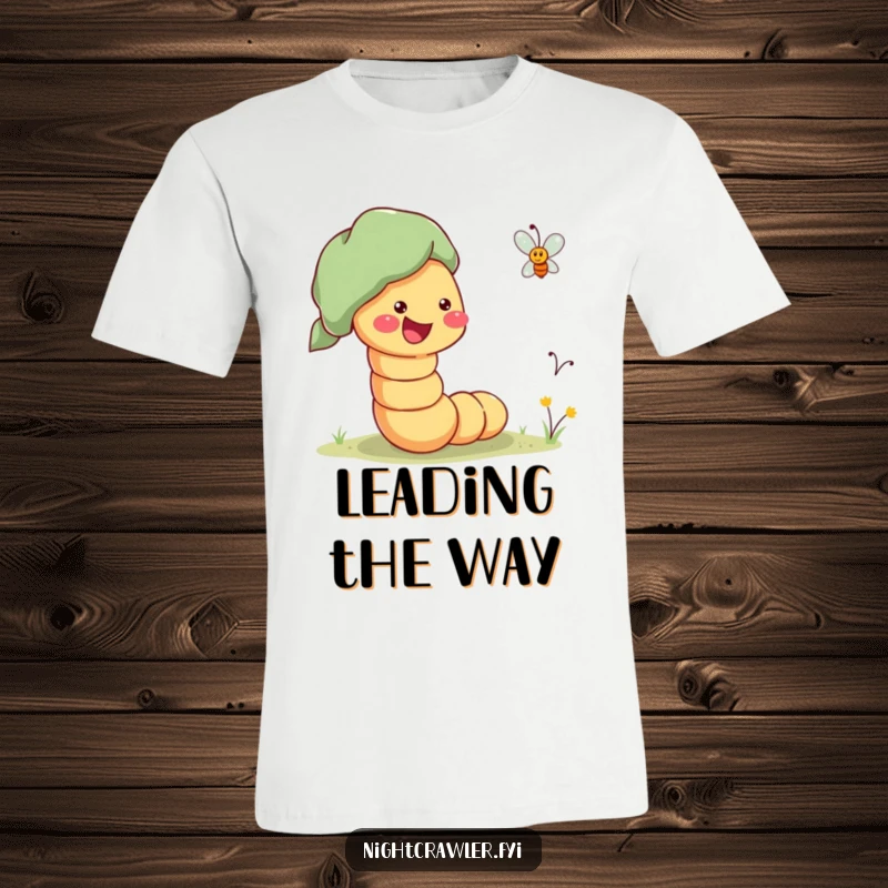 Funny T-Shirt of a cheerful worm enthusiastically leading a lost firefly home, depicting a heartwarming act of guidance.