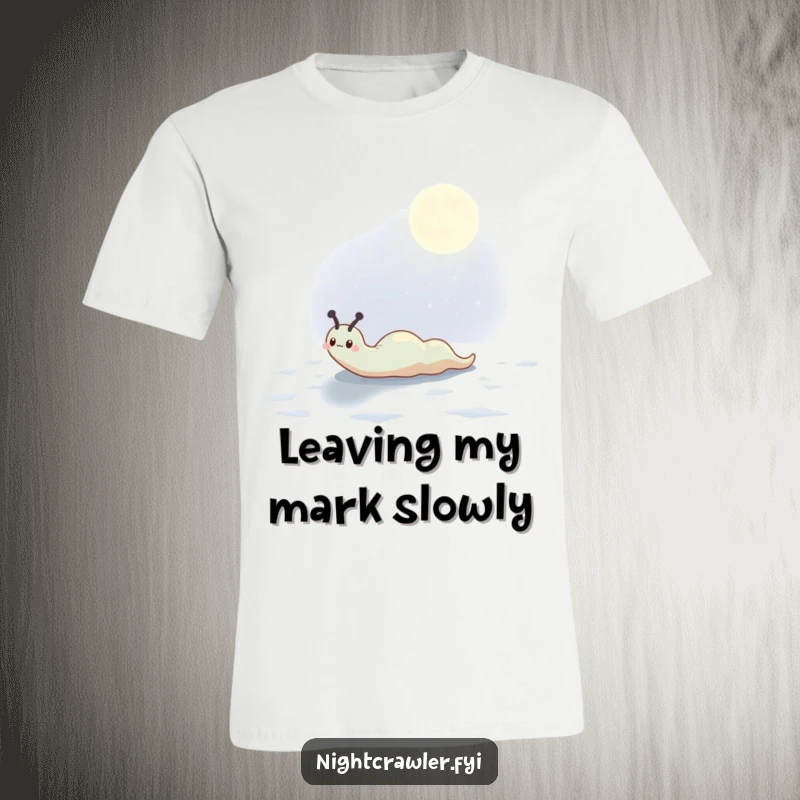 Funny t-shirt print of a cute slug character calmly moving, leaving a shimmering, magical trail on a surface lit by the moon.