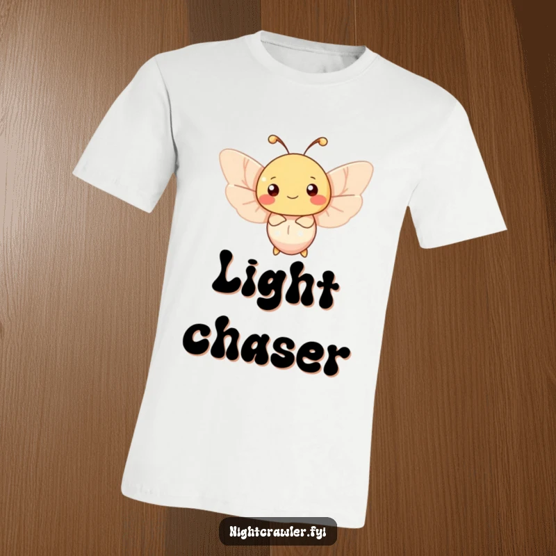 Funny moth t-shirt depicting a happy character fluttering with delight around a soft, inviting light source.