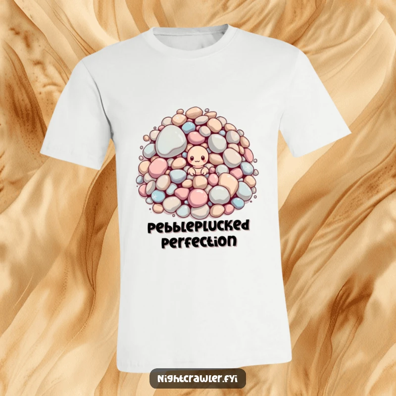 Funny t-shirt: small worm peeking from large, sparkling pebbles. Humorous and quirky design.