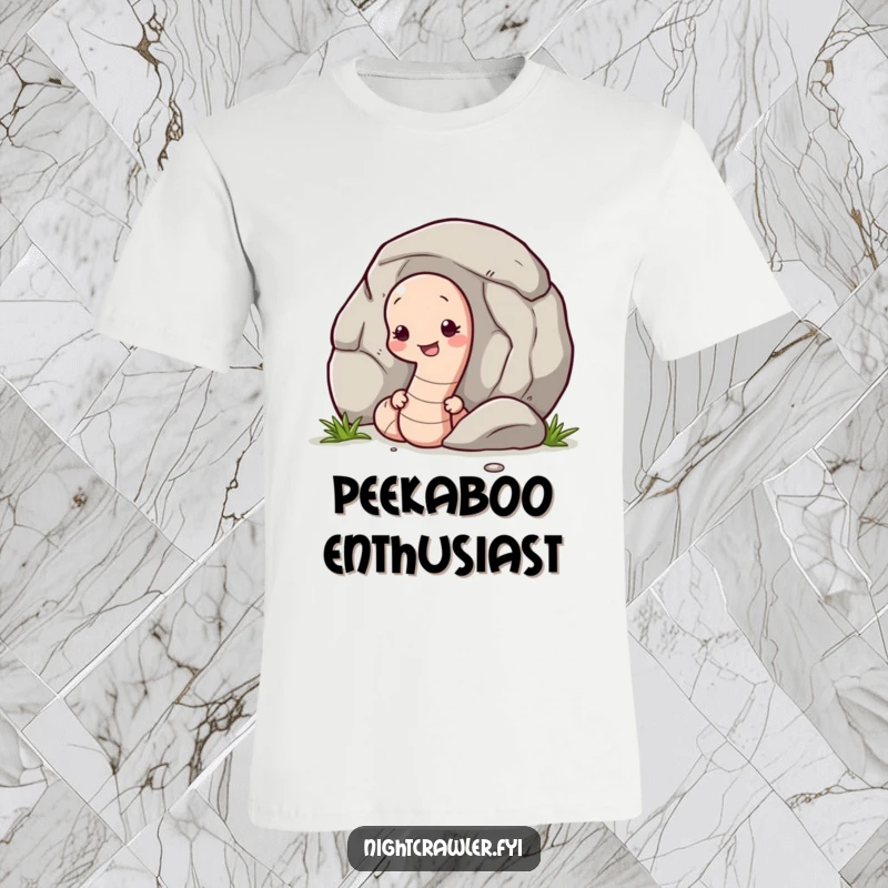 Funny t-shirt with a shy earthworm peeking from behind a pebble, capturing a relatable and humorous moment of introverted charm.