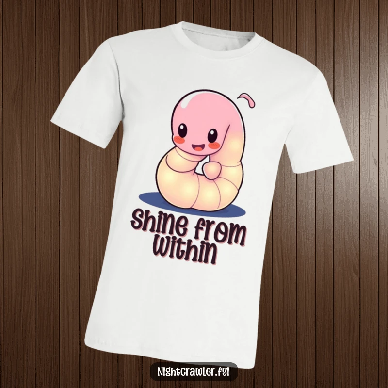 Funny t-shirt featuring a glowing worm character playfully wiggling its body in the dark, creating a magical glow.