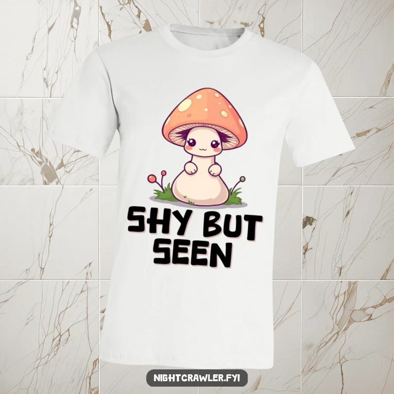 Funny worm t-shirt with a shy worm peeking from a diminutive, glowing mushroom cap, ideal for lovers of cute humor.