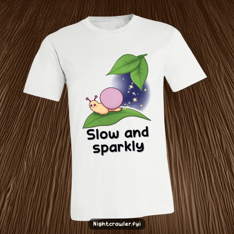 Funny T-Shirt: Smiling snail character moving slowly, leaving a glittering sparkly trail across a leaf under the night sky.