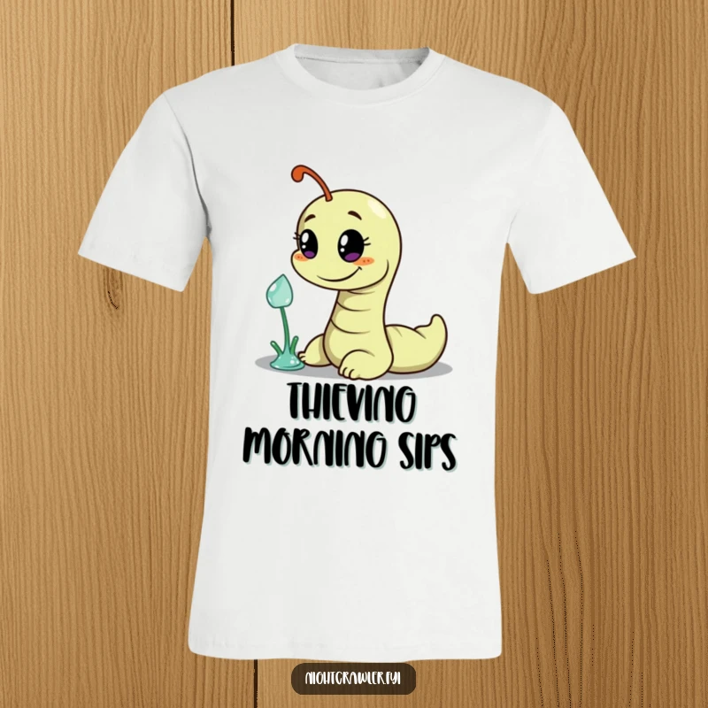 Funny t-shirt featuring a wiggly worm with a sly grin, attempting to pilfer a shiny dewdrop, showcasing playful mischief.