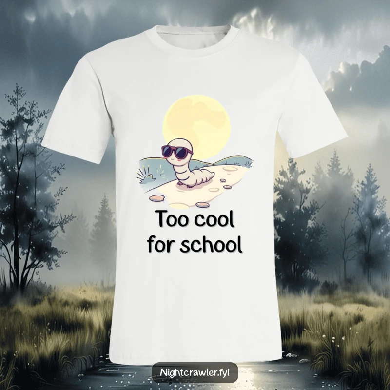 Funny t-shirt featuring a worm wearing sunglasses, inching slowly across a moonlit path, embodying cool and mystery.