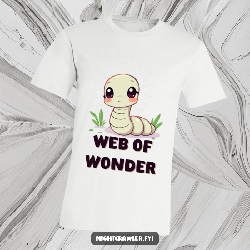 Funny T-shirt with a kawaii worm character looking curious at a shimmering spider web, symbolizing intrigue and delicate beauty.