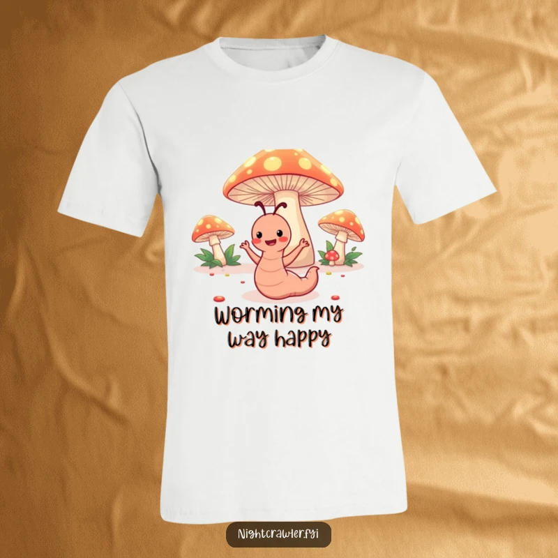 Funny t-shirt showing a happy worm character dancing silly moves under glowing toadstools, perfect for playful spirits.