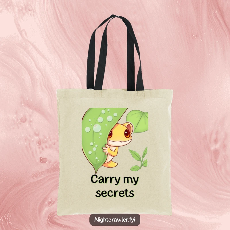 Funny Gecko Tote Bag with a shy gecko character peeking from behind a dewy leaf, a humorous and practical accessory for carrying daily items.