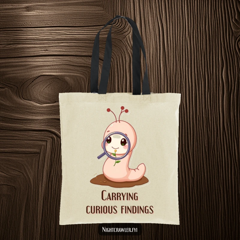 Funny tote bag depicting a cute worm character examining a tiny sprout with a magnifying glass, perfect for carrying items with humor.