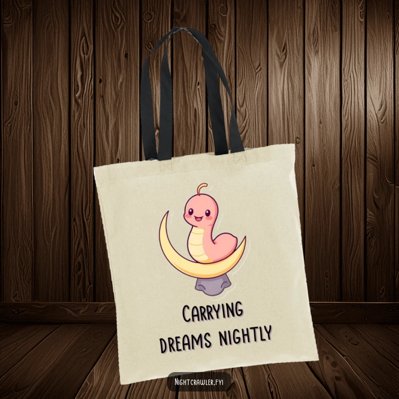 Funny tote bag depicting a grinning kawaii worm balancing on a crescent moon, perfect for carrying items with humor.