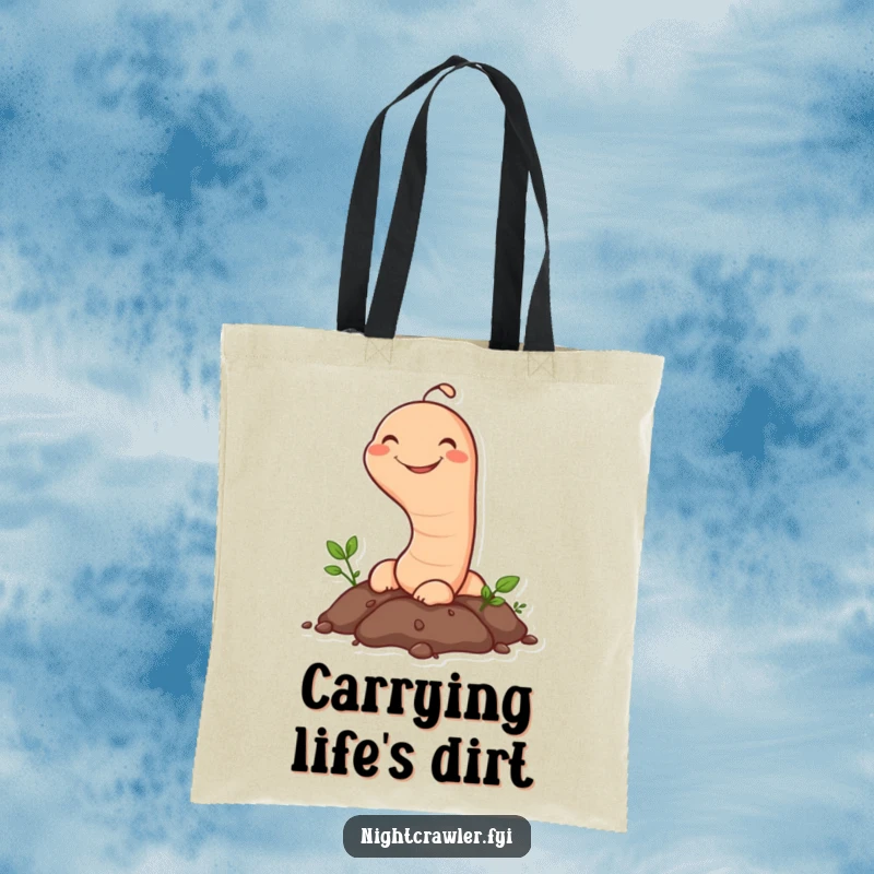 Funny Earthworm Tote Bag: Features a happy earthworm character peeking out of the soil with a grin, ideal for carrying items with garden humor.