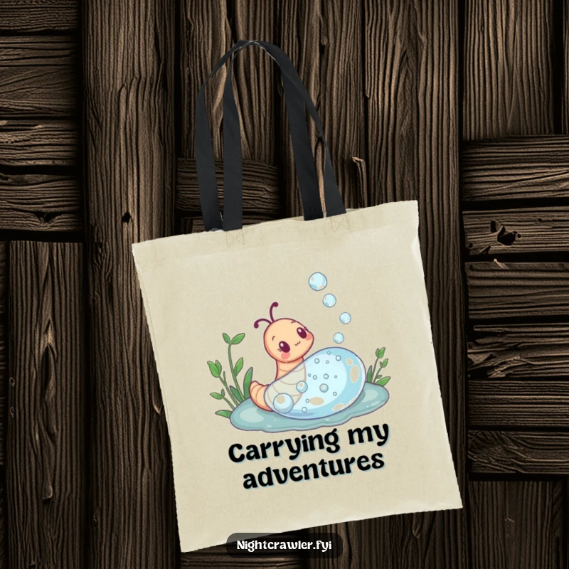 Funny tote bag with a curious earthworm exploring a giant dewdrop, ideal for everyday use and showcasing a love for discovery.