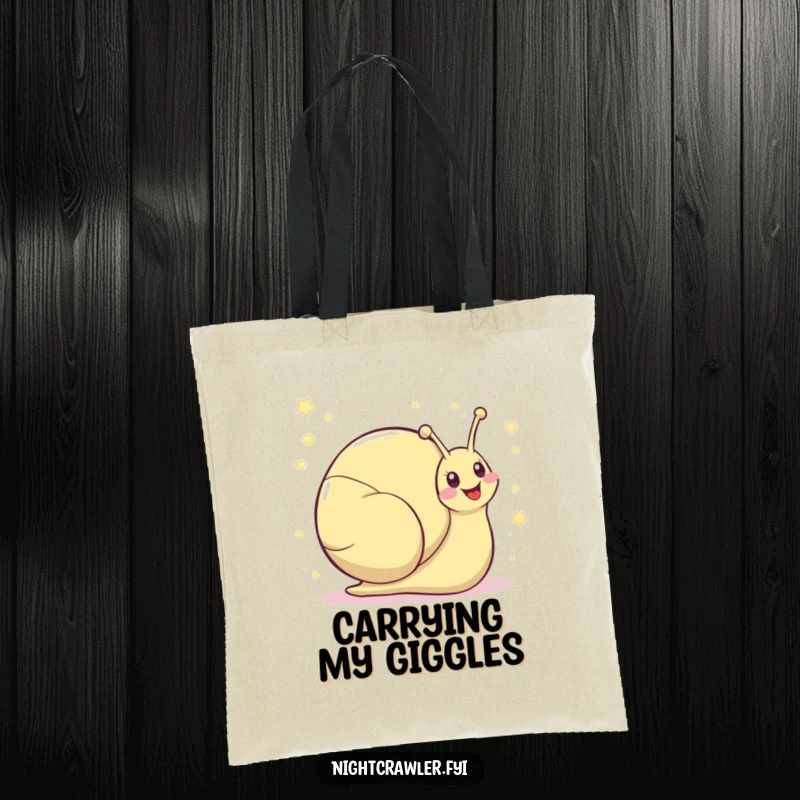 Funny kawaii snail tote bag with a cute snail character leaving a shimmering trail of giggles, ideal for carrying essentials.