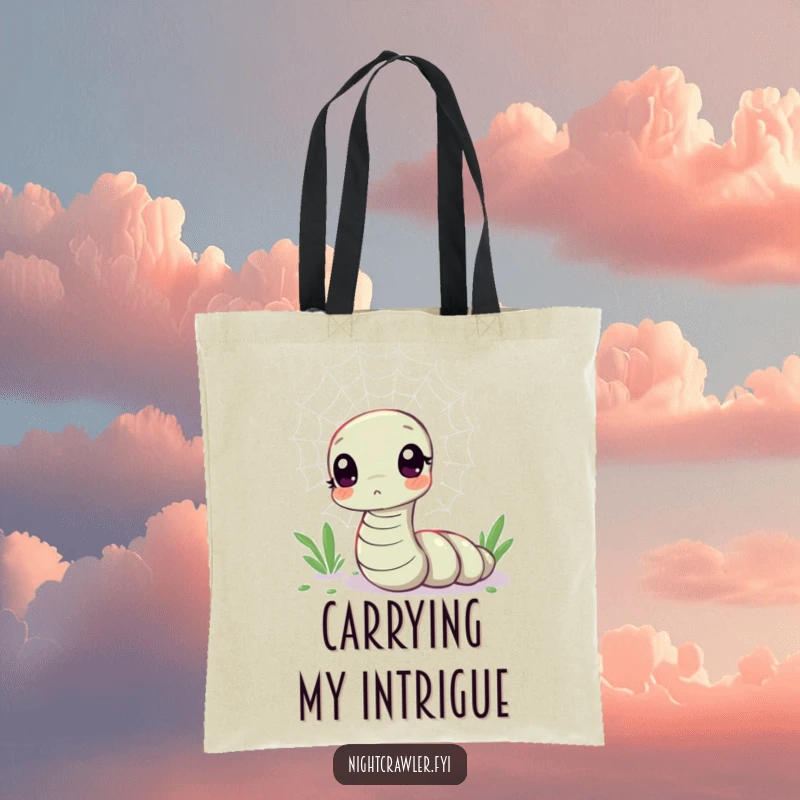 Funny tote bag with a kawaii worm character looking curious at a shimmering spider web, great for everyday curiosity.