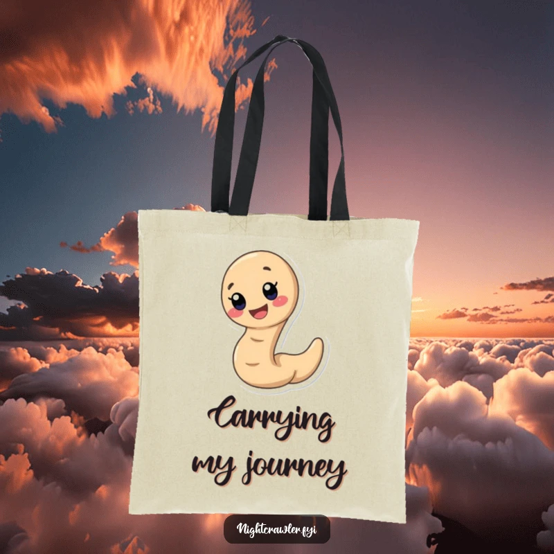 Funny earthworm tote bag showing a cute, fast earthworm with a wide, happy smile, ideal for carrying essentials with joy.