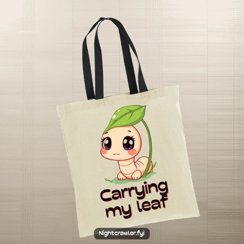 Funny tote bag showing a cute worm character peeking from a dewy leaf with wide, curious eyes, perfect for a funny gardener.