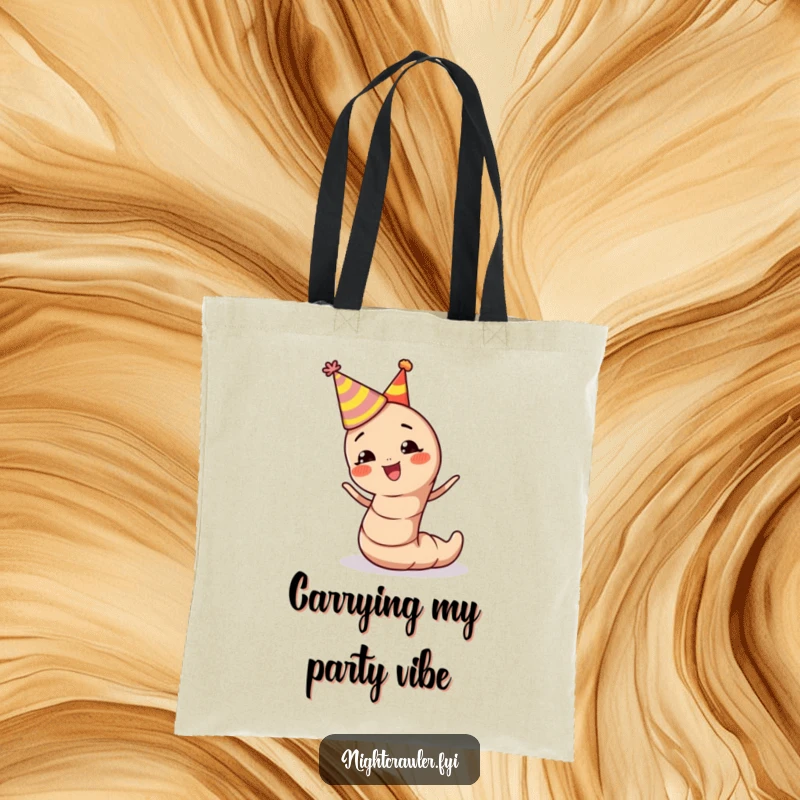 Funny earthworm tote bag with a celebrating character wearing a party hat, wiggling with pure joy and readiness.