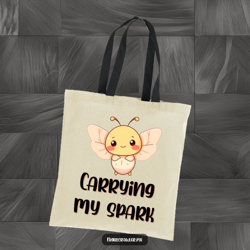 Funny moth tote bag showing a happy character fluttering enthusiastically around a soft, glowing light source, ready to explore.