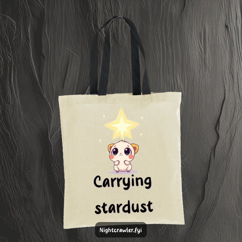 Funny Tote Bag: Small creature with wide, curious eyes observes a colossal, twinkling star, perfect for carrying cosmic wonders.