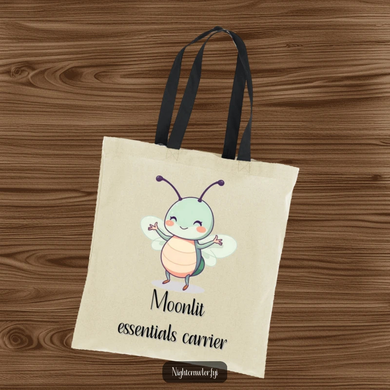 Funny tote bag featuring a cute insect character happily dancing in moonlight with a joyful twitch, a practical and humorous accessory.