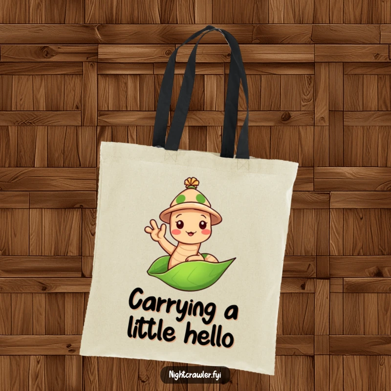Funny Earthworm Hat Tote Bag: Cute worm in a tiny hat waving hello from a leaf, a funny and functional accessory.