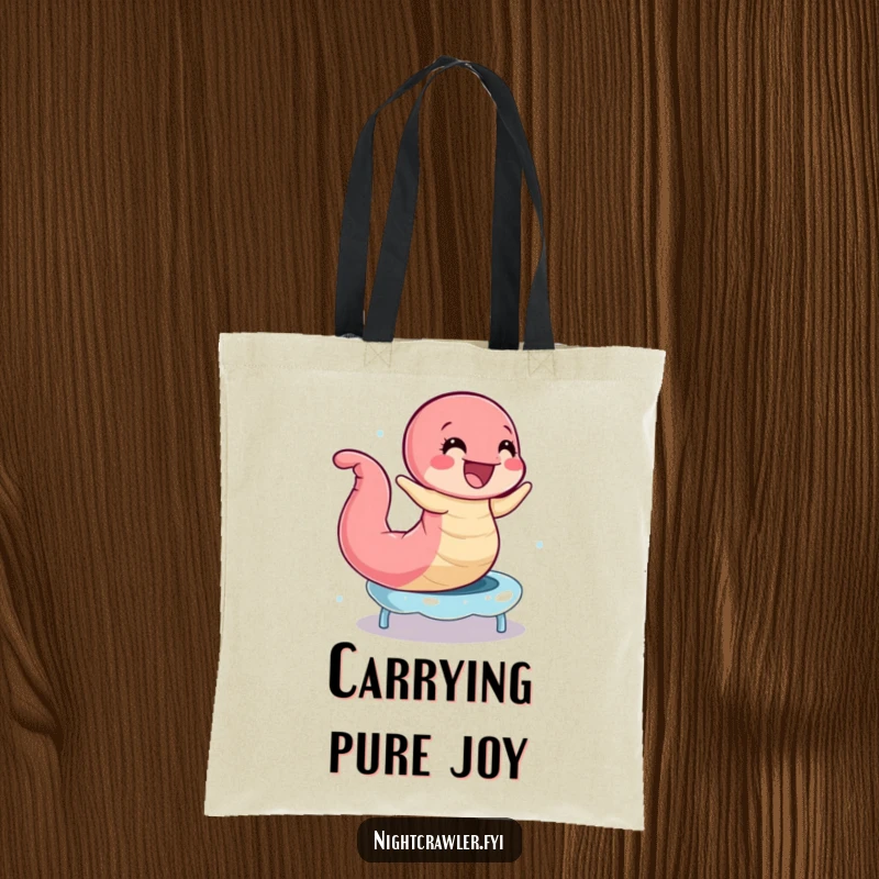 Funny Earthworm Trampoline Tote Bag: Joyful worm bouncing on a dewdrops trampoline, a practical and funny accessory.