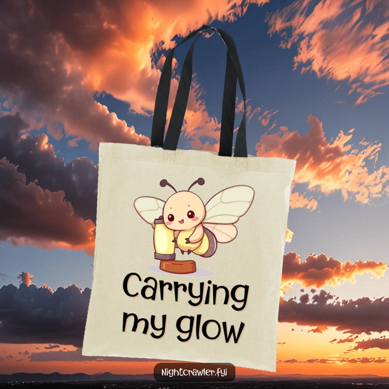 Funny Kawaii Moth Tote Bag: Featuring a cute moth character fluttering joyfully around a soft glowing lantern, perfect for carrying essentials humorously.