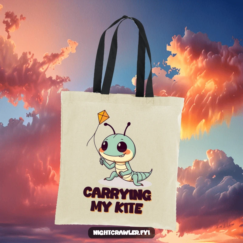 Funny tote bag with a goofy night crawler character, wide grin, attempting to fly a small kite, symbolizing persistent effort and dreams.