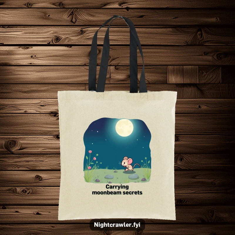 Funny tote bag illustrating a small mouse playfully running across moonlit ground, symbolizing nighttime exploration.