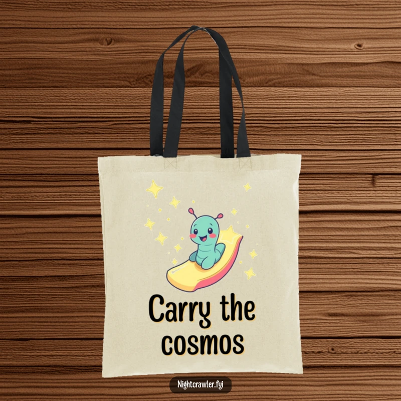Funny smiling worm character zooming down a slide made of starlight, depicted on a practical tote bag.