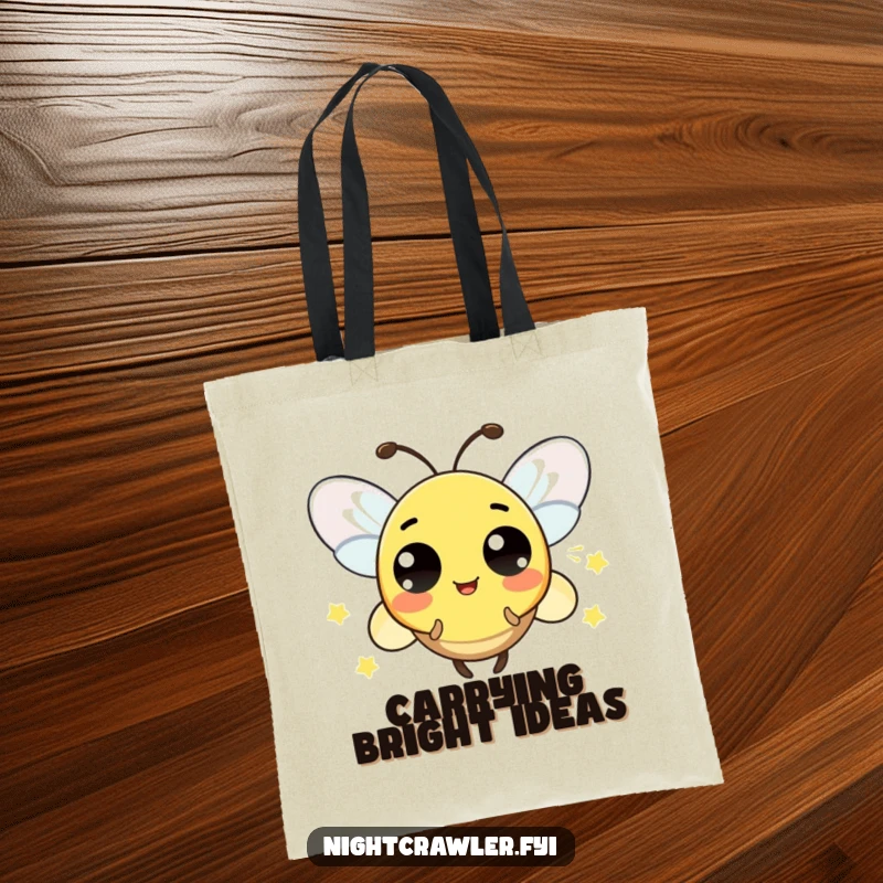 Funny tote bag showcasing a playful firefly character blinking its light rapidly in a pattern of surprise, adding a touch of magic.