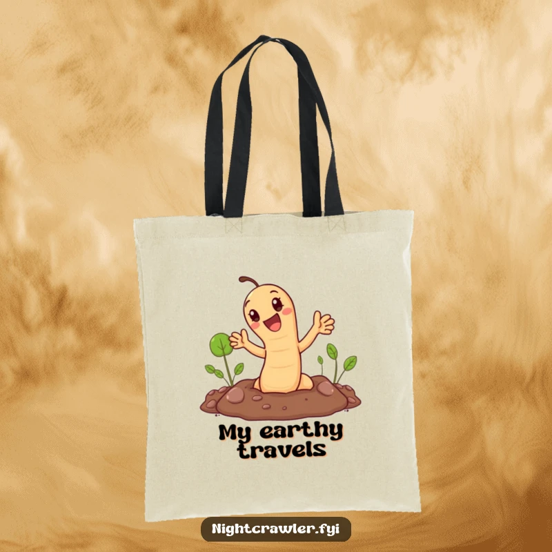 Funny tote bag: cute earthworm popping out of the ground and waving hello. Humorous and practical.