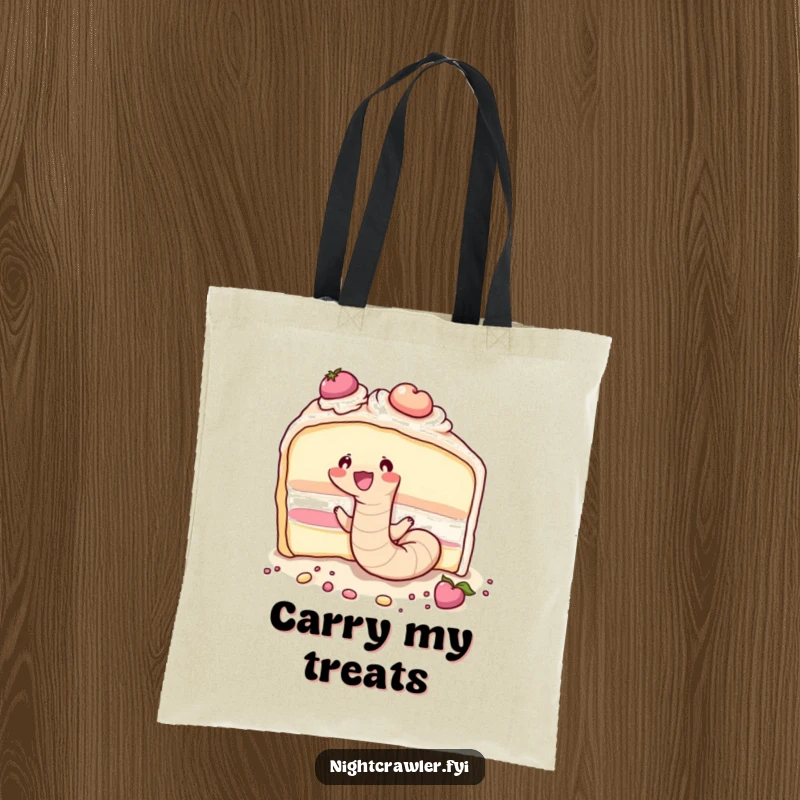 Funny cute earthworm joyfully tunneling through a large piece of cake, depicted on a practical tote bag.