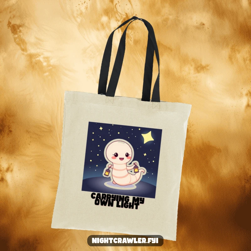 Funny Tote Bag showcasing a happy worm with a lantern, navigating a dark, starry expanse, perfect for carrying everyday treasures.