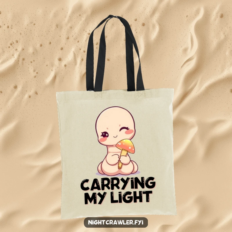 Funny tote bag showing a cute worm character winking while holding a tiny, illuminated mushroom, great for everyday enchantment.