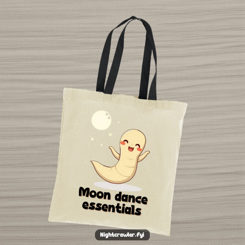 Funny tote bag featuring a happy earthworm gracefully dancing under the moon, ideal for errands and carrying essentials with a smile.