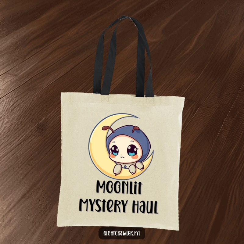 Funny tote bag design of a night crawler character curiously peeking from a crescent moon, perfect for lovers of the night sky.