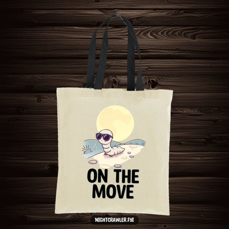 Funny tote bag featuring a worm wearing sunglasses, slowly inching across a moonlit path, for carrying essentials.