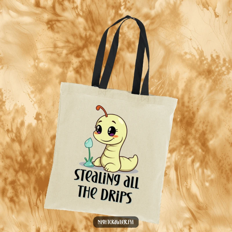Funny tote bag featuring a worm character with a mischievous grin, attempting to steal a dewdrop, perfect for carrying secrets and essentials.